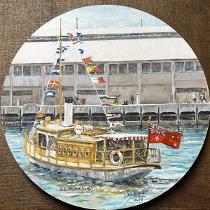 S.V. 'PREANA' (1896), Hobart, Tasmania ©2023 (Acrylic and gold ink on timber disc; 30 cm.) $350.00