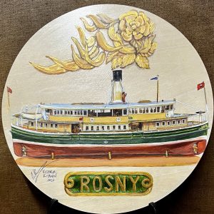 Portrait of David O'May's 1937 model of O'May's ferry S.S. Rosny 1913 (Acrylic, gold ink on timber disc; 30 cm.) $350.00
