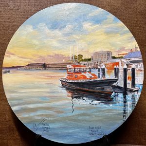 TasPorts Pilot Launch 'Kelly', Hobart Harbour, Tasmania (Acrylic on timber disc; 30 cm.) $350.00