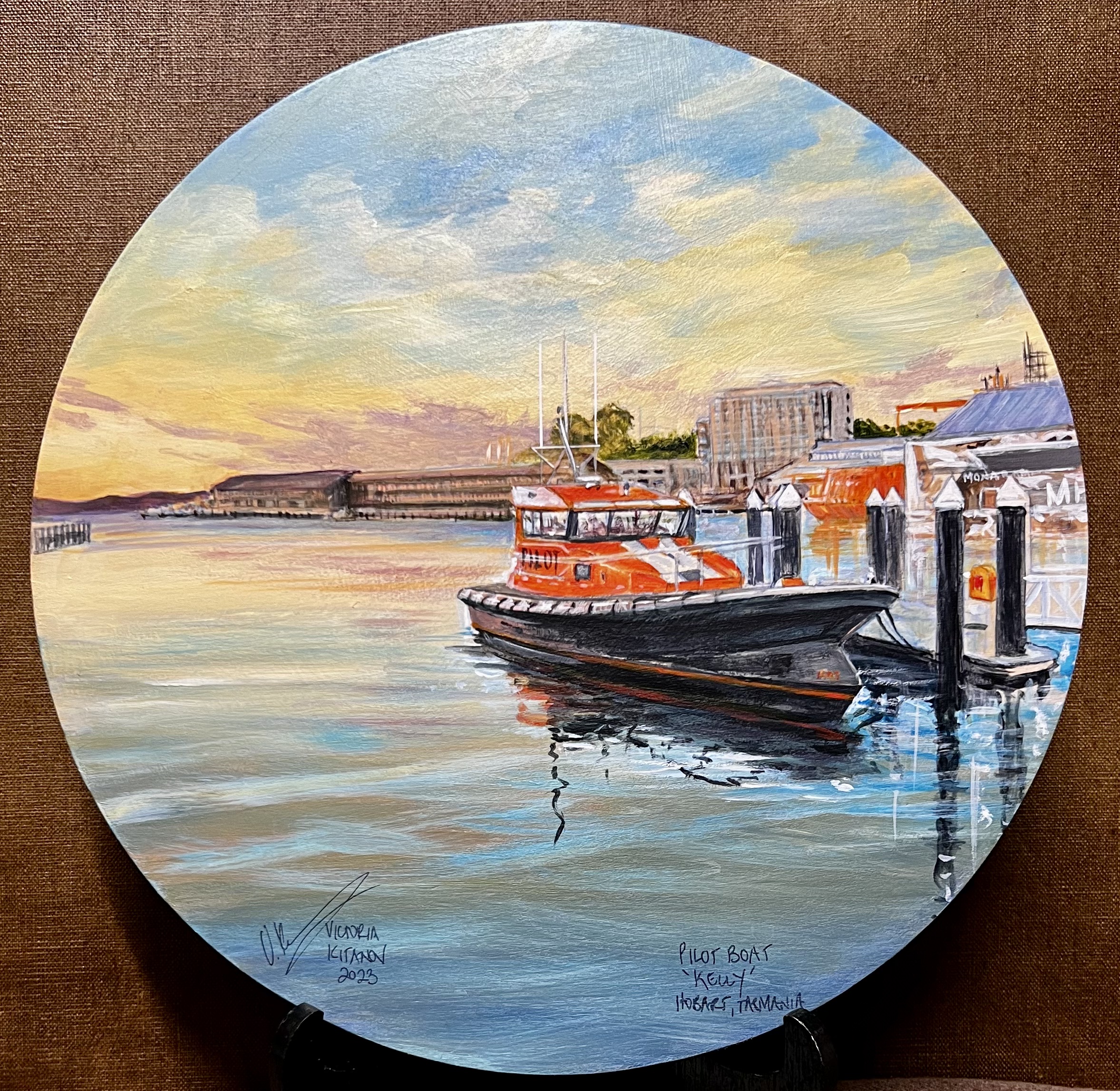 TasPorts Pilot Launch 'Kelly', Hobart Harbour, Tasmania (Acrylic on timber disc; 30 cm.) $350.00