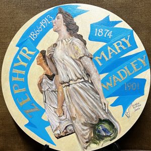 Portrait of ship's figureheads, 'ZEPHYR' and 'MARY WADLEY' (Acrylic, gold ink on timber disc; 30 cm.) $350.00