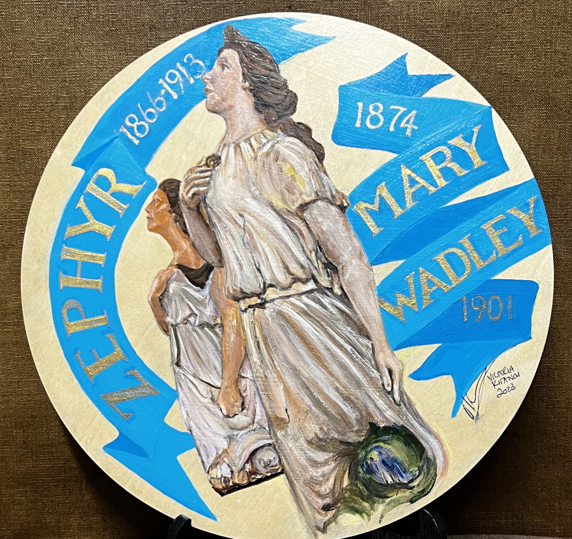 Portrait of ship's figureheads, 'ZEPHYR' and 'MARY WADLEY' (Acrylic, gold ink on timber disc; 30 cm.) $350.00