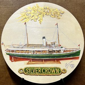 Portrait of David O'May's 1943 model of O'May ferry S.S. SILVER CROWN (Acrylic, gold ink on timber disc; 30 cm) $350.00