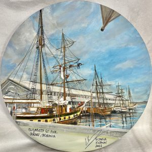 Tall ships, Elizabeth Street Pier, Hobart, Tasmania (Acrylic on timber disc; 30 cm.) SOLD