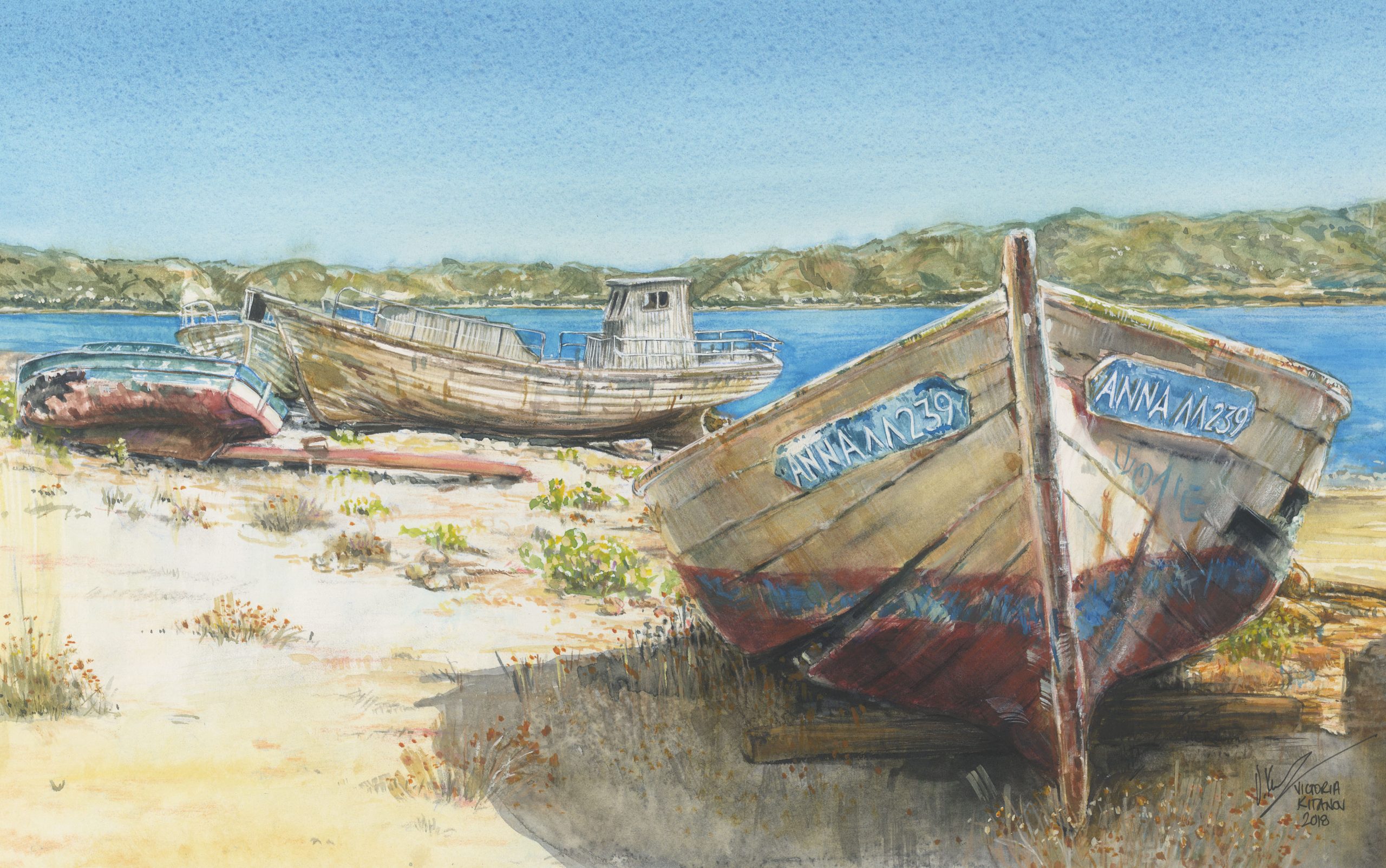Anna LL239: wrecked fishing boats near Elafonisi, Crete ©2018 (Watercolour, 30 x 41 cm.) $3,500.00