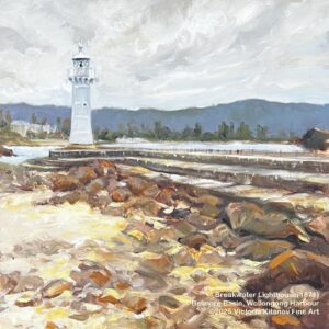 Breakwater Lighthouse, Wollongong Harbour ©2025 (Oil on timber panel, 30 x 30 cm.), $2500.00